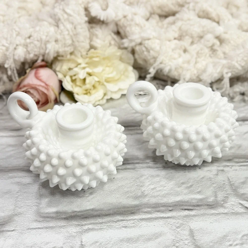 Vtg Fenton Hobnail White Milk Glass Single Finger Loop Handle Candle‎ Holder Set